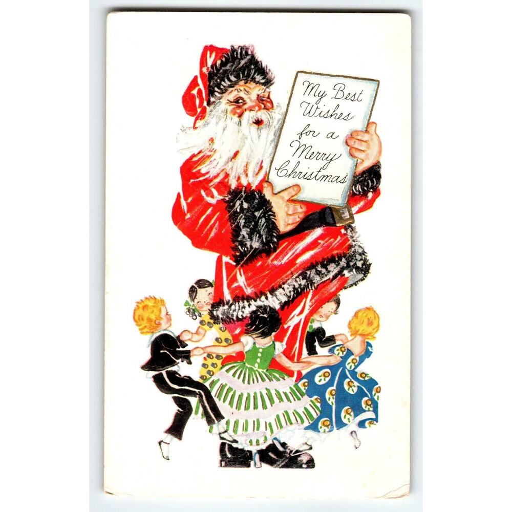 Santa Claus Christmas Postcard Children Dancing Around Saint Nick Embossed